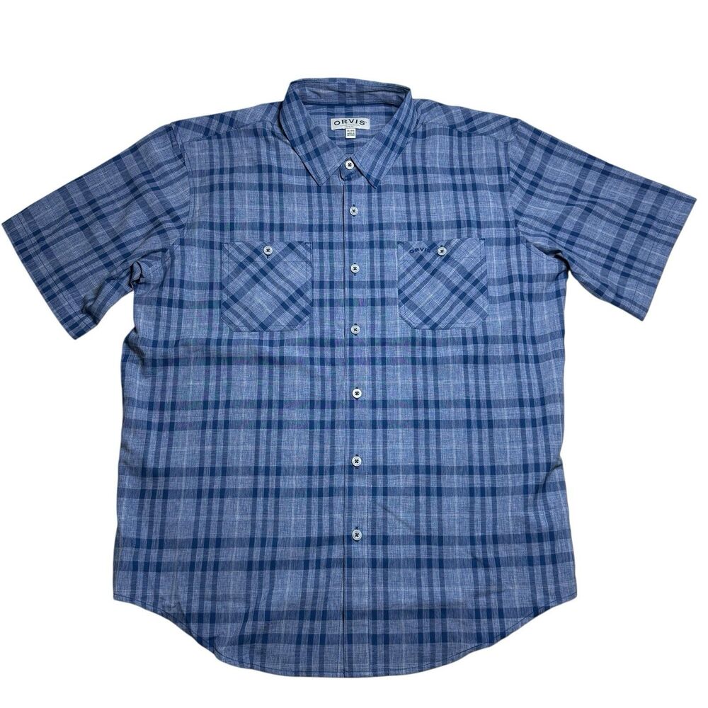 Orvis Mens Plaid Short Sleeve Fishing Shirt XL Blue Lightweight Summer